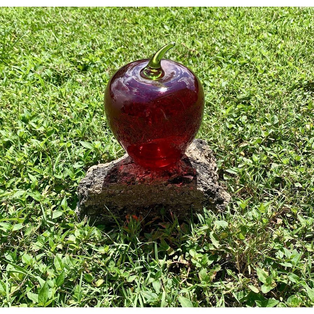 Vintage Hand Blown Red Glass Apple Paperweight with Green Stem Decorative Fruit